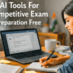 Student using AI tools for competitive exam preparation free in 2026, studying with laptop, books, and notes for UPSC and SSC exams.