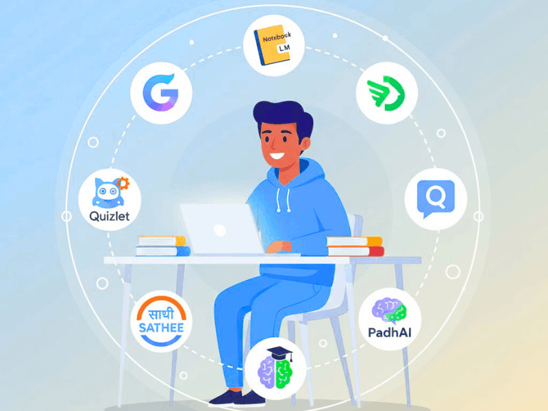 Illustration of AI Tools For Competitive Exam Preparation Free surrounding a happy student.