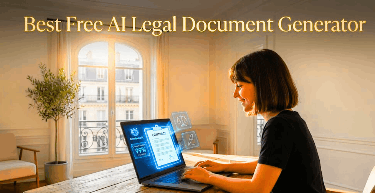 Best Free AI Legal Document Generator (No Lawyer Needed)", elegant workspace with Paris-inspired background, ideal for legal tech blog and Google Discover.