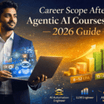 Career Scope After Agentic AI Courses in IIT 2026 Guide showing salary growth from 8-12 LPA to 15-25 LPA with AI Automation Engineer, LLM Engineer, and AI Product Manager roles illustrated.