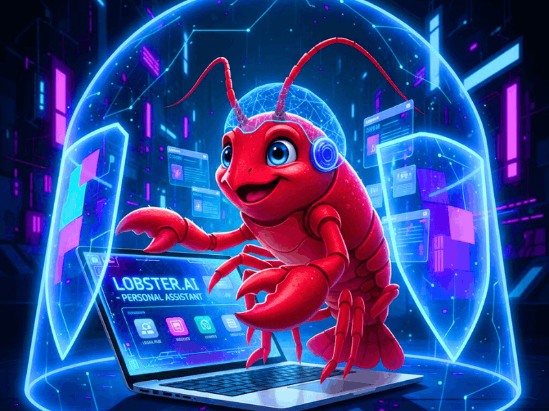Futuristic red lobster AI mascot as personal assistant with privacy shield – Clawdbot AI Download and safe local installation guide 2026.