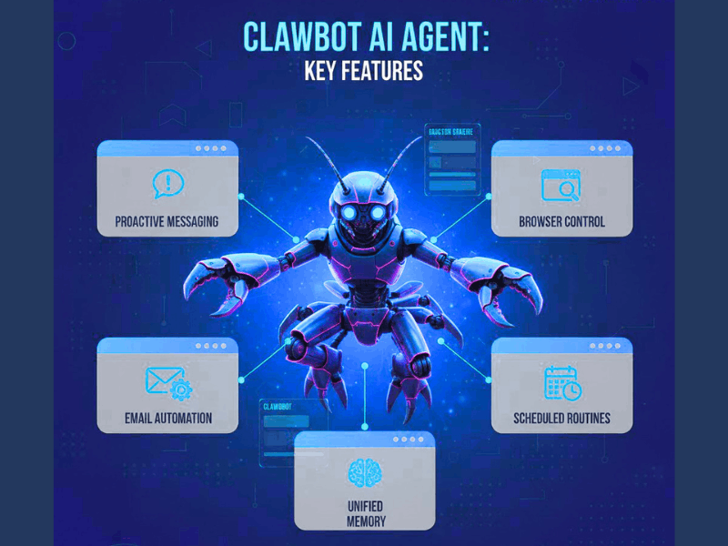 Clawdbot AI Agent key features infographic: Proactive Messaging, Browser Control, Email Automation, Scheduled Routines, Unified Memory.