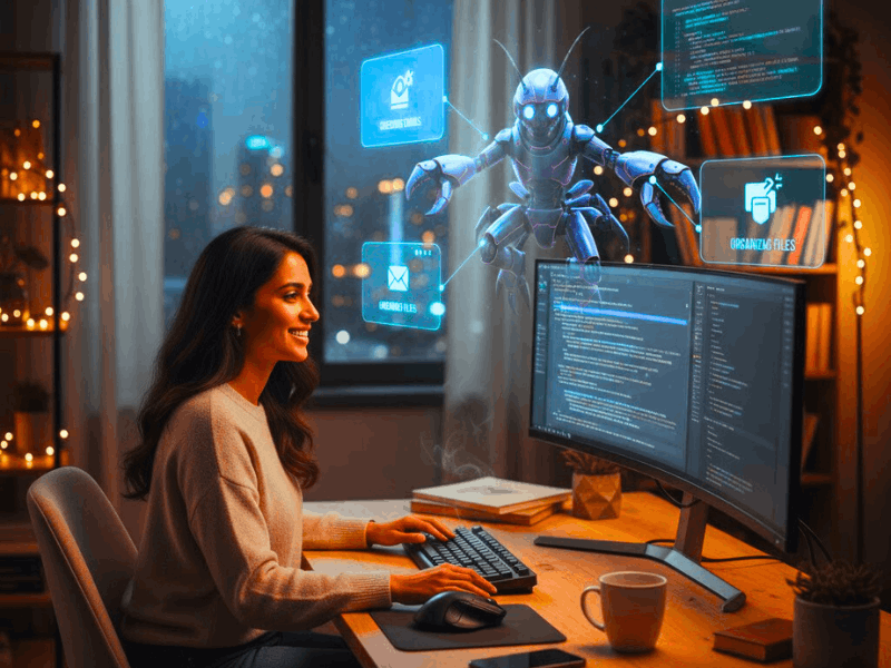 Freelancer happily using Clawdbot AI Agent for autonomous email checking and file organization in real-life workflow.