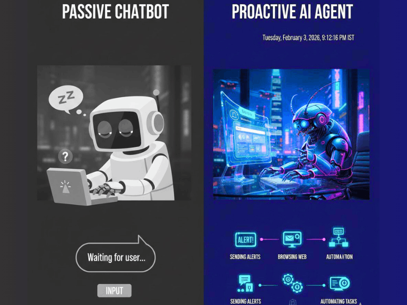Clawdbot AI Agent vs Traditional Chatbots: Passive Chatbot waiting vs Proactive AI Agent automating tasks.