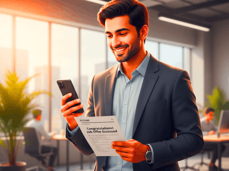 Indian fresher receiving job offer after using Free AI Resume Builder for Freshers India.