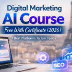 Digital Marketing AI Course Free With Certificate 2026 featured image showing AI analytics dashboard, laptop workspace, and modern tech background with Paris skyline.