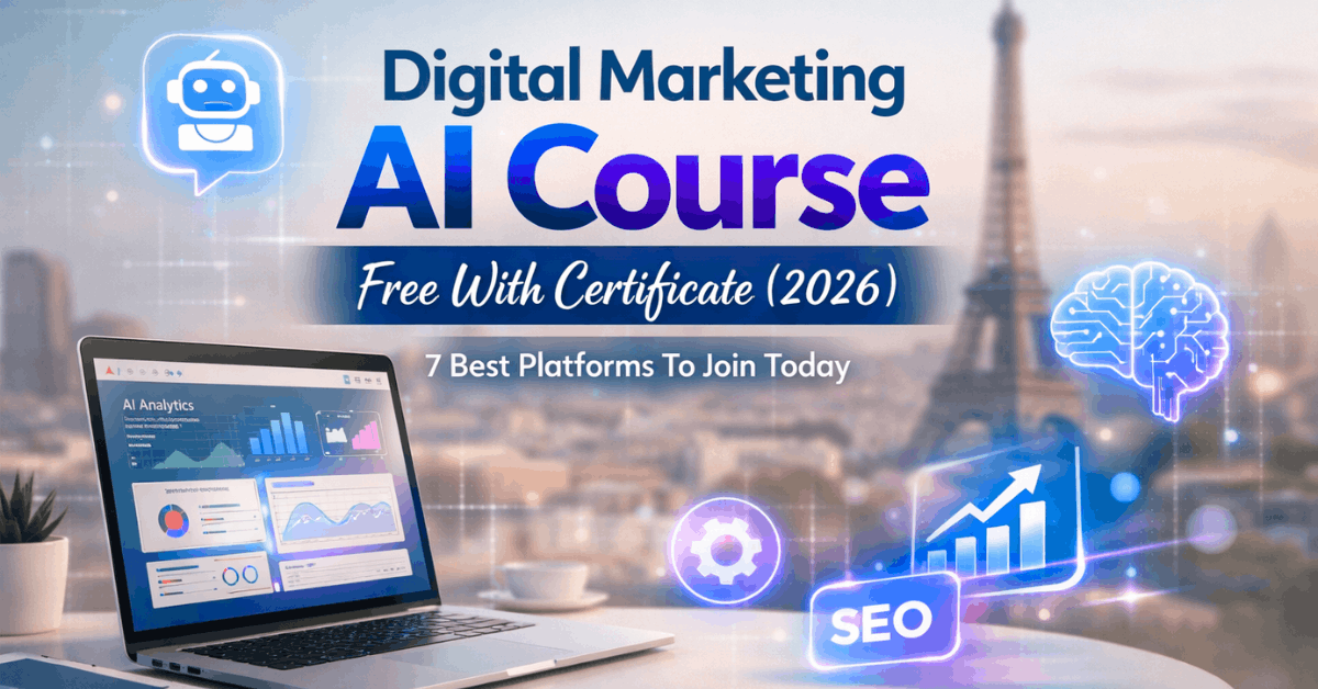 Digital Marketing AI Course Free With Certificate 2026 featured image showing AI analytics dashboard, laptop workspace, and modern tech background with Paris skyline.