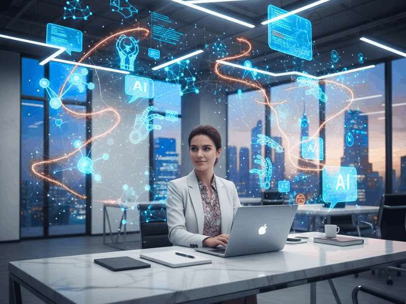 Working professional using laptop surrounded by futuristic AI icons – free AI courses for working professionals.