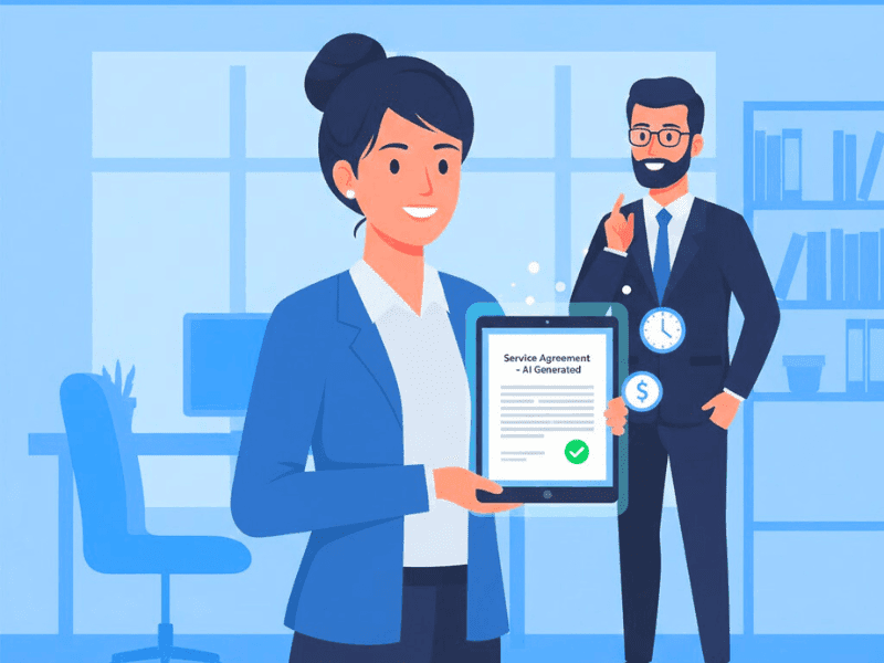 Confident business owner holding AI-generated service agreement with lawyer approval, representing the best free AI legal document generator for speed and protection.