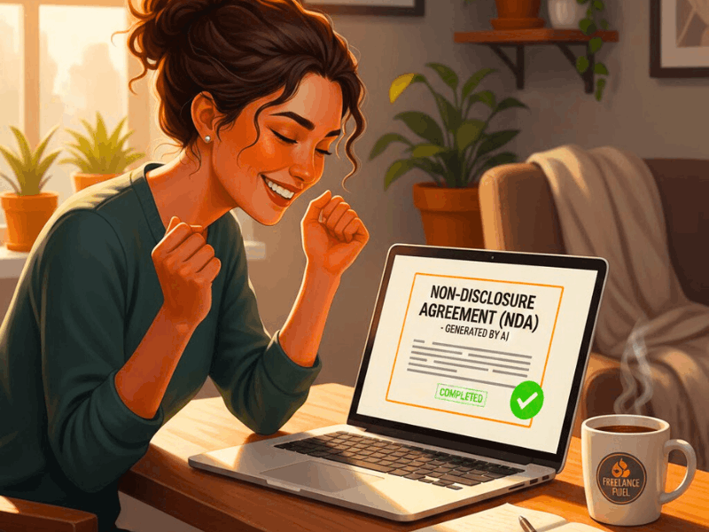 Happy freelancer celebrating a completed NDA generated by the best free AI legal document generator in a cozy home office.