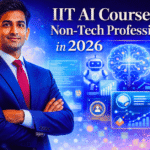 Confident professional with futuristic AI dashboard background representing IIT AI Course for Non-Tech Professionals in 2026, showing generative AI tools, analytics, automation workflow, and career growth concept.