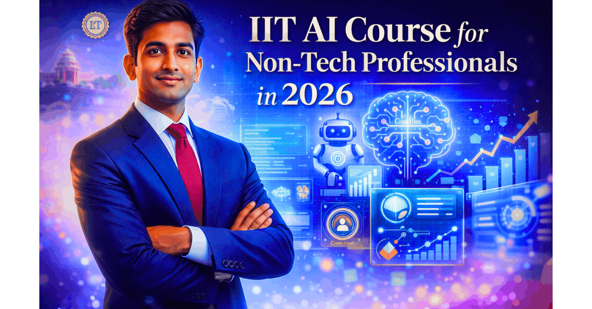 Confident professional with futuristic AI dashboard background representing IIT AI Course for Non-Tech Professionals in 2026, showing generative AI tools, analytics, automation workflow, and career growth concept.