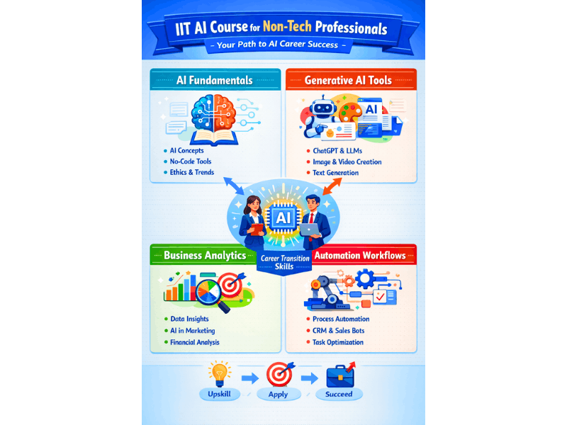 IIT AI Course for Non-Tech: No Coding Required? Honest Truth & Job Scope in 2026 1 IIT AI Course for Non-Tech Professionals: AI Fundamentals, Generative AI Tools, Business Analytics & Automation Workflows infographic.