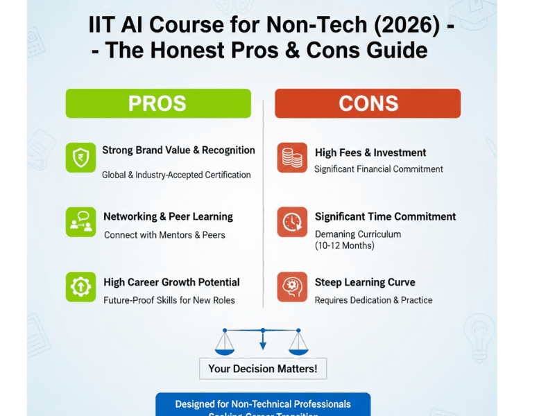 IIT AI Course for Non-Tech: No Coding Required? Honest Truth & Job Scope in 2026 5 IIT AI Course for Non-Tech Professionals: AI Fundamentals, Generative AI Tools, Business Analytics & Automation Workflows infographic.