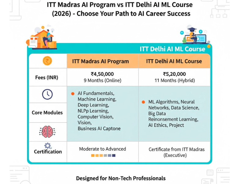 IIT AI Course for Non-Tech: No Coding Required? Honest Truth & Job Scope in 2026 2 IIT Madras vs IIT Delhi AI Course Comparison 2026 for Non-Tech Professionals: Fees, Duration, Modules & Certification table.