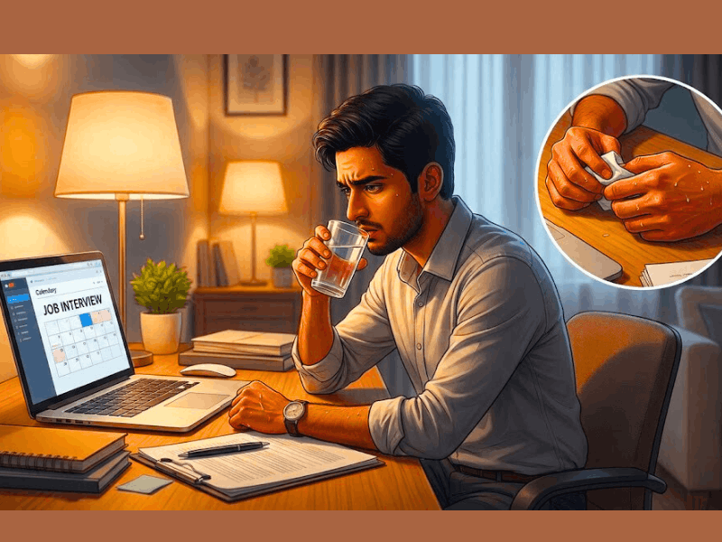 Interview Warm-Up AI Free Online: 7 Best AI Mock Interview Tools (2026) 2 Young professional feeling nervous with sweaty palms and dry throat before job interview – prepare confidently with Interview Warm-Up AI Free Online tools.