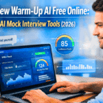 Interview Warm-Up AI Free Online dashboard showing AI mock interview practice with confidence score analysis, speech pace tracking, and behavioral interview simulator on laptop screen.