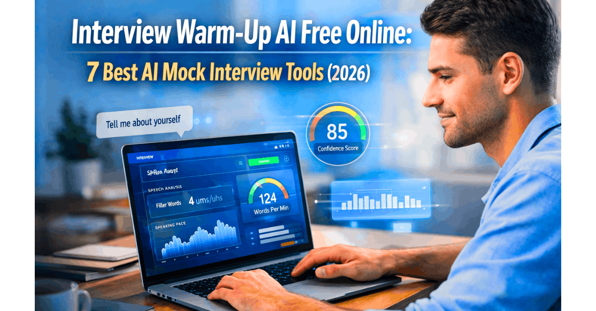 Interview Warm-Up AI Free Online dashboard showing AI mock interview practice with confidence score analysis, speech pace tracking, and behavioral interview simulator on laptop screen.
