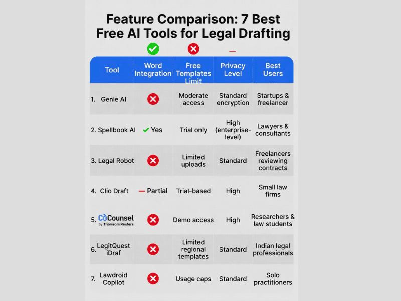 7 Best AI Tools for Legal Drafting Free: Draft Professional Agreements in Minutes 5 Feature comparison table of 7 best AI Tools for Legal Drafting Free with Word integration, templates, privacy, and best users.