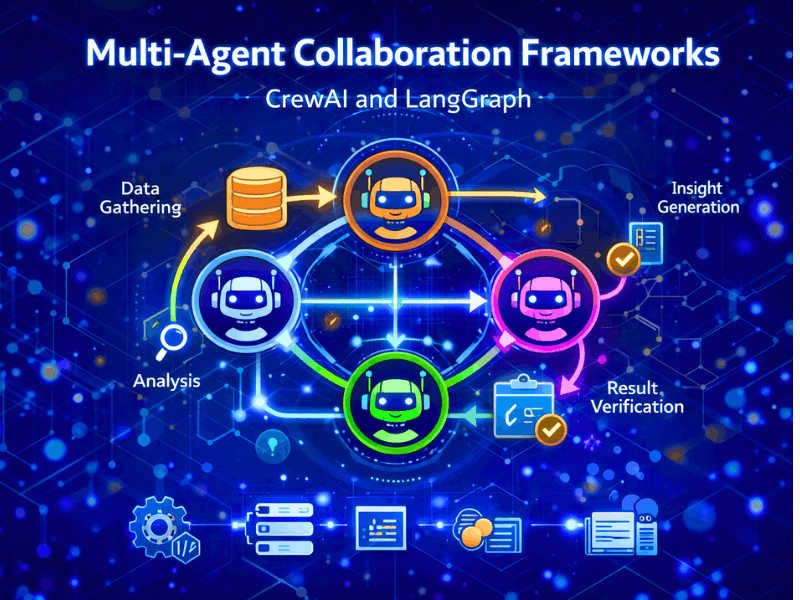 Agentic AI Courses in IIT — Real Syllabus, Fees & Certificate Value (2026) 2 Agentic AI courses in IIT: Multi-Agent Collaboration Frameworks diagram with CrewAI and LangGraph – data gathering analysis insight generation verification 2026.
