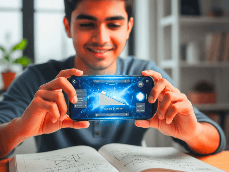 Indian student using smartphone for photo-to-solution doubt solving with AI tools for competitive exam preparation free.