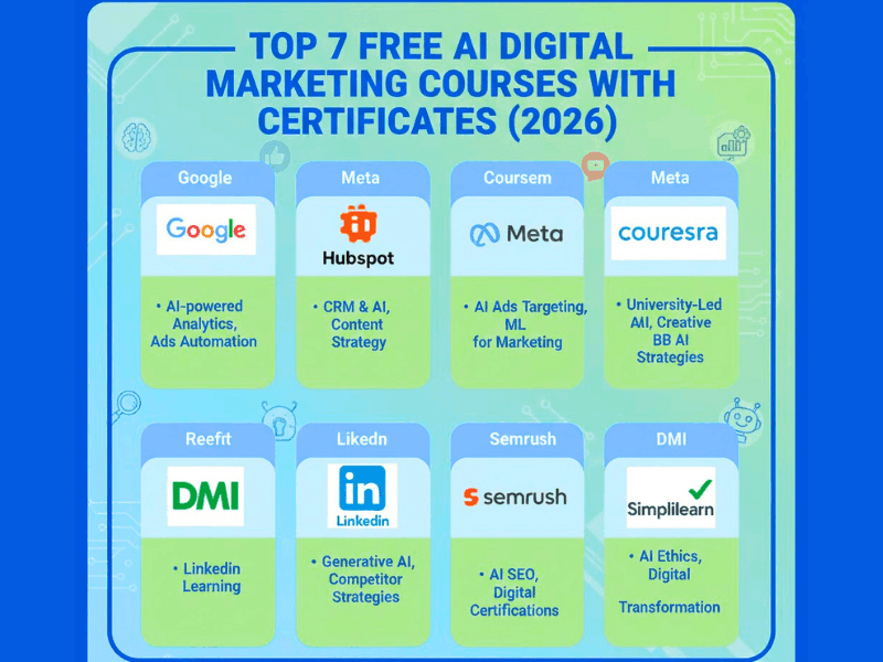 Digital Marketing AI Course Free With Certificate (2026) — 7 Best Platforms To Join Today 3 Top 7 free AI digital marketing courses with certificates 2026 infographic featuring Google, HubSpot, Meta, Coursera and more – best digital marketing AI course free with certificate options.