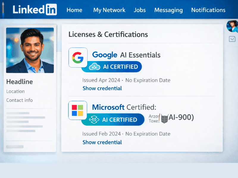 How to add free AI certifications to LinkedIn - Google AI Essentials and Microsoft AI-900 shown in profile.