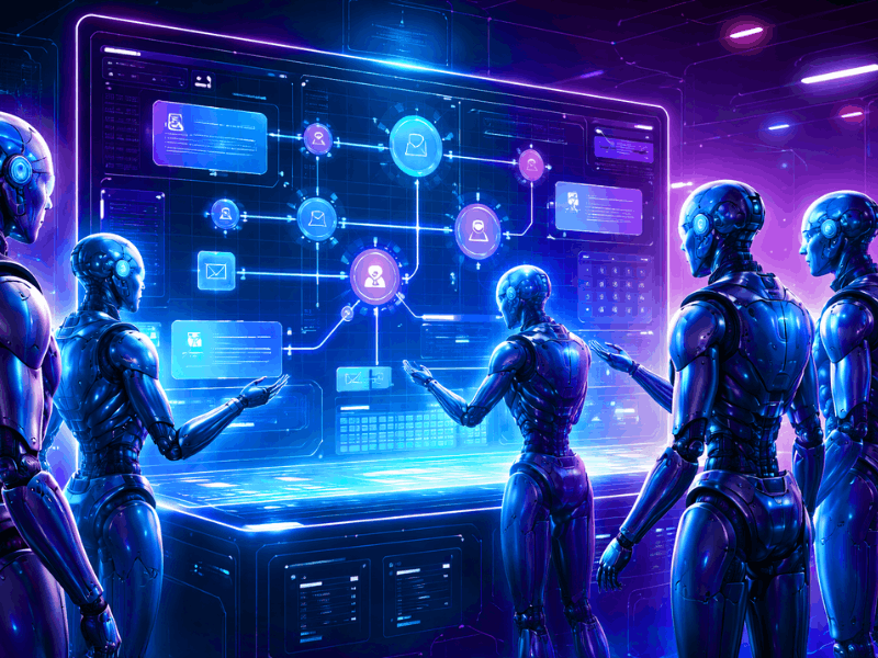 Which Agentic AI Course Is Best 2026 – Multi-agent AI collaboration dashboard with robots.