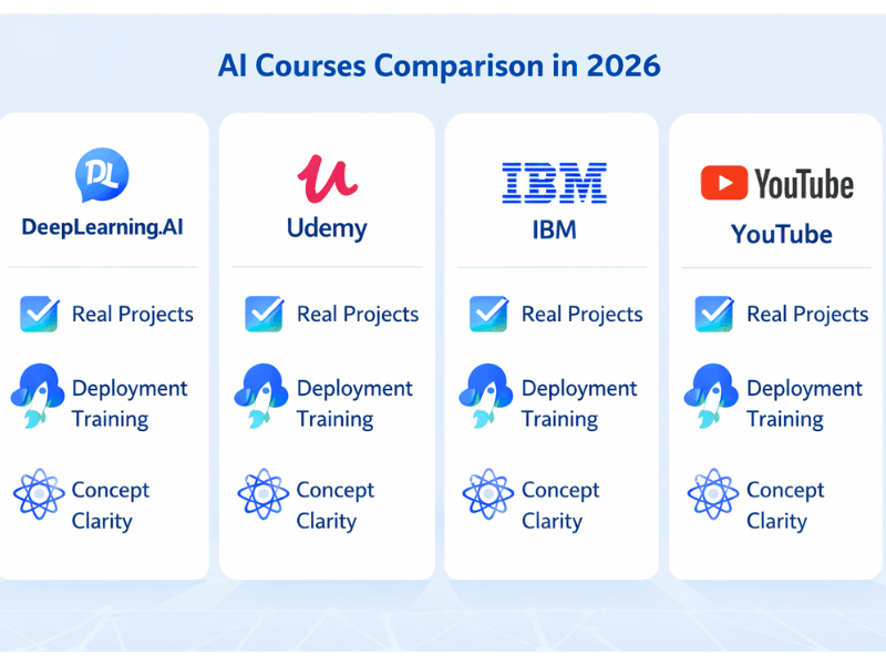 Agentic AI Courses Comparison 2026 – DeepLearning.AI vs Udemy vs IBM vs YouTube real projects deployment.