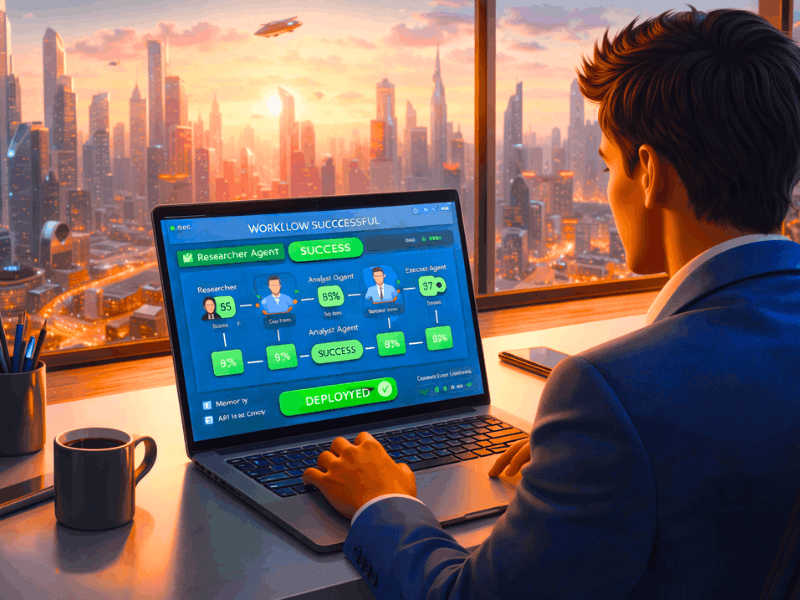 Successful Agentic AI Deployment 2026 – Engineer viewing multi-agent workflow success dashboard.