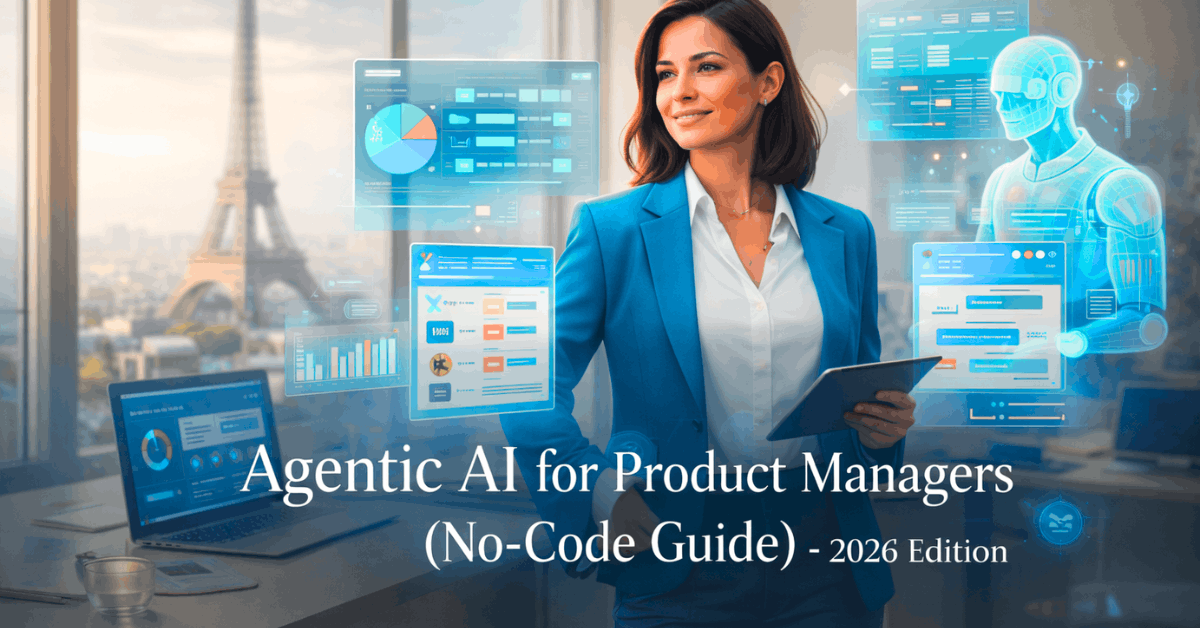 Premium featured image showing a Product Manager using Agentic AI workflow automation dashboard in a modern French-style office with title text visible.