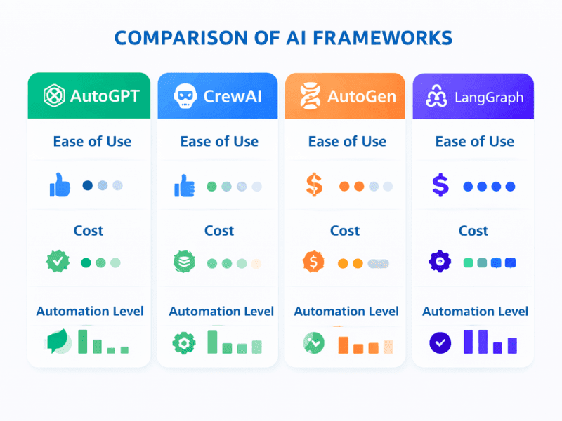 Agentic AI Frameworks for Small Business (2026) – comparison of AutoGPT, CrewAI, AutoGen, LangGraph ease, cost, automation.