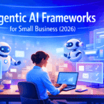Agentic AI frameworks for small business 2026 showing autonomous AI agents managing workflow automation, analytics dashboards, and business task orchestration..