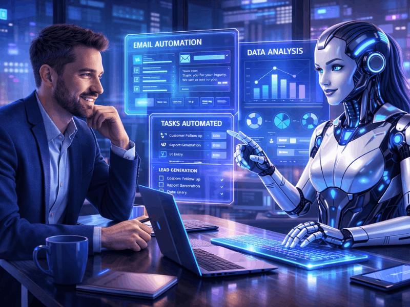 Agentic AI Frameworks for Small Business (2026) – entrepreneur collaborating with autonomous AI agent for automation.