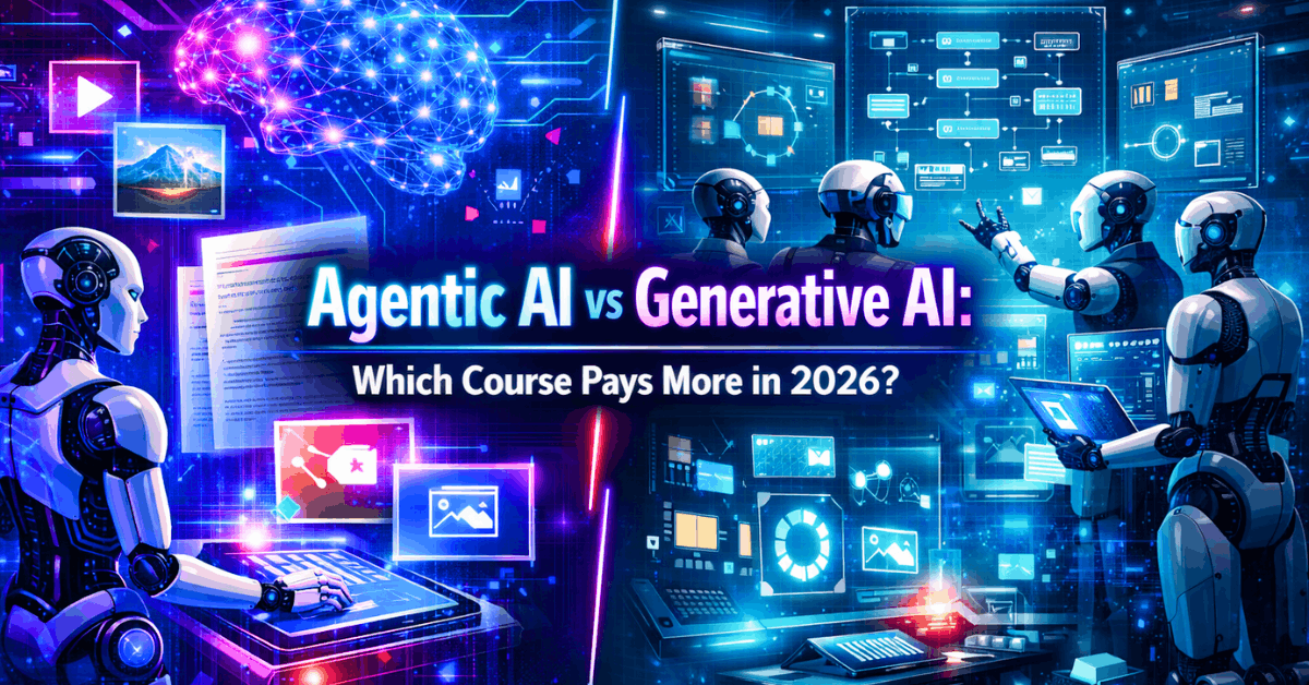 Agentic AI vs Generative AI salary comparison in 2026 showing AI agents and generative AI technologies.