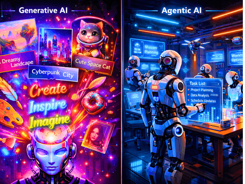 Agentic AI vs Generative AI: Which course has a higher salary in 2026 – futuristic split comparison illustration.