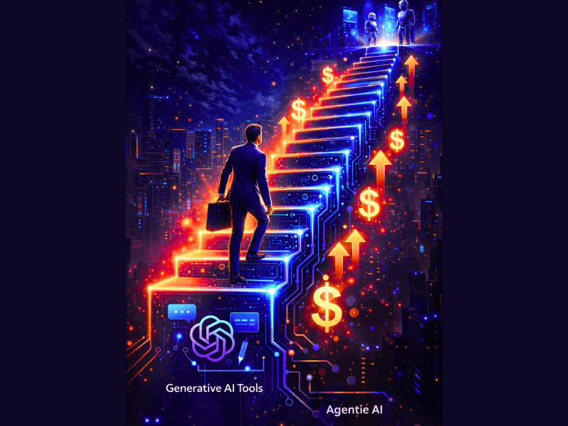 Agentic AI vs Generative AI career ladder to higher salary in 2026 – future-proof AI skills illustration.