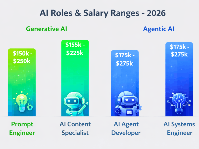 Agentic AI vs Generative AI salary comparison 2026 – AI roles and ranges bar chart.