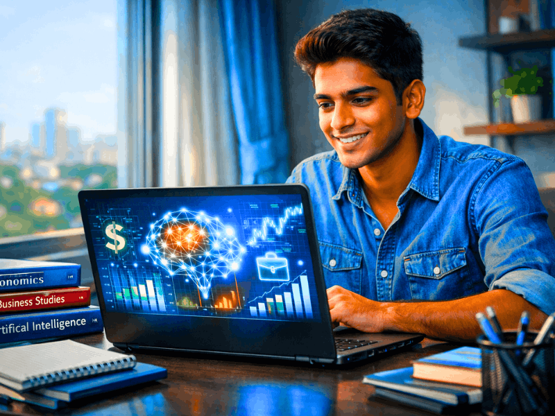 Can I study Artificial Intelligence after 12th Commerce? Indian commerce student learning AI on laptop.
