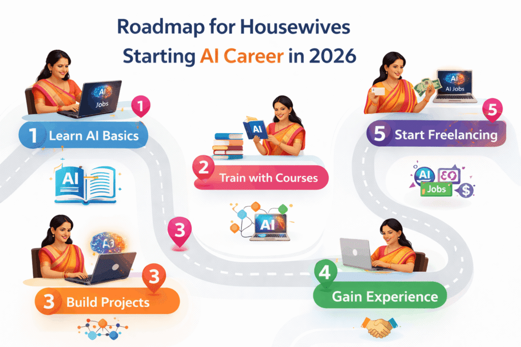 Roadmap for housewives starting AI career in 2026 - step-by-step infographic for Best AI courses and freelancing.