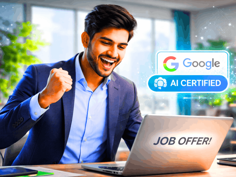 Free AI certifications recognized by employers - Happy professional celebrating Google AI certification and job offer.