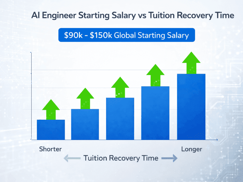 AI engineer salary vs tuition recovery time ROI 2026 - global starting salary $90k-$150k chart.