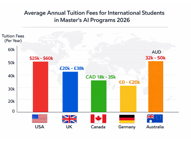 Average AI engineering course fees for international students in Master's programs 2026 - USA, UK, Canada, Germany, Australia comparison chart.