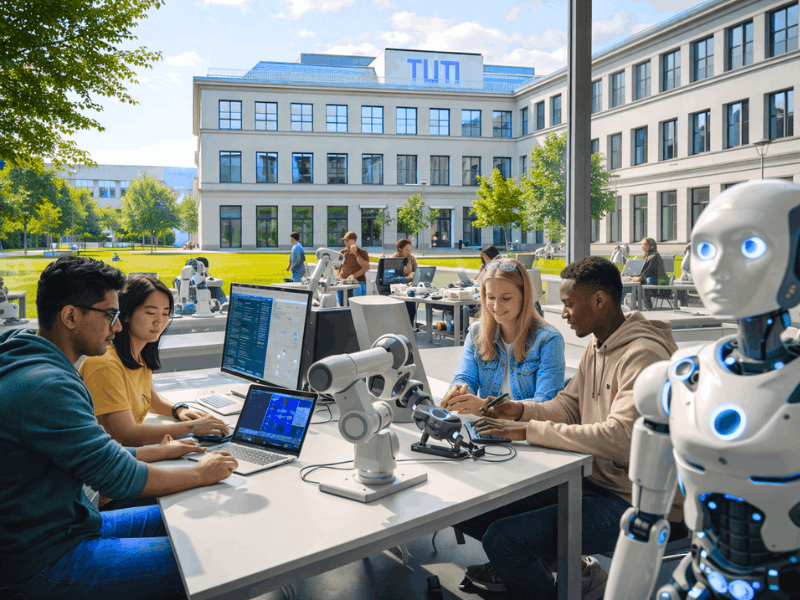 International students in AI engineering lab at TU Munich Germany - affordable AI degrees abroad 2026.