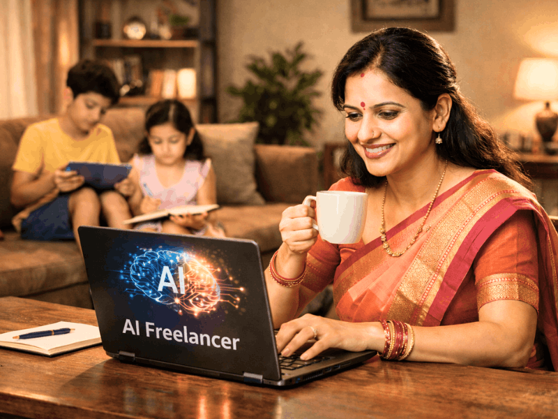 AI-powered freelancing for housewives - Indian woman working as AI freelancer from home with family for Best AI courses 2026.