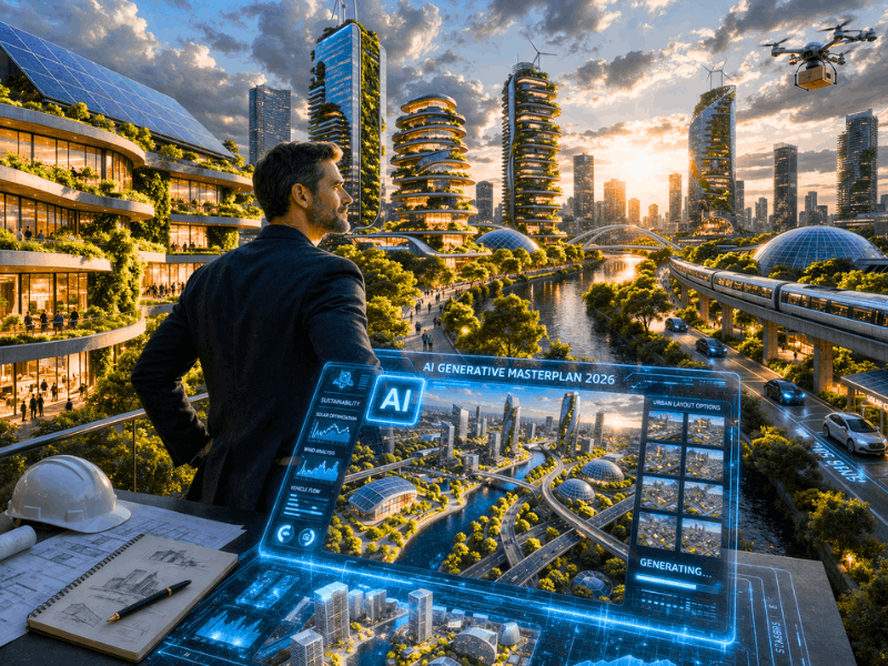 Free AI courses for Architects with certificate 2026 – architect viewing AI-generated sustainable smart city masterplan 2026.