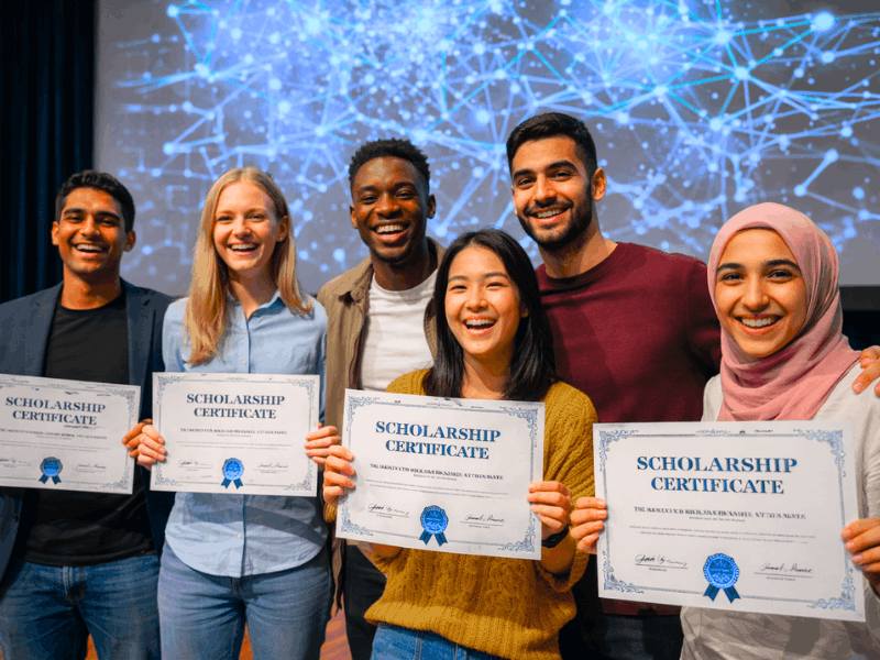 International AI engineering students receiving scholarships 2026 - diverse group with certificates.