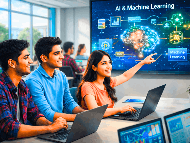 Can I study Artificial Intelligence after 12th Commerce? Students learning BCA AI and Machine Learning in classroom.