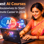 Best AI courses for housewives to start a career in 2026 concept showing a woman learning AI skills for remote work from home..