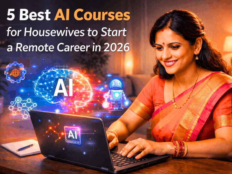 Best AI courses for housewives to start a career in 2026 concept showing a woman learning AI skills for remote work from home..
